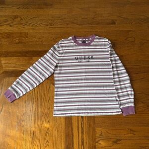 Guess Men’s Purple and White Striped Long Sleeve Tee